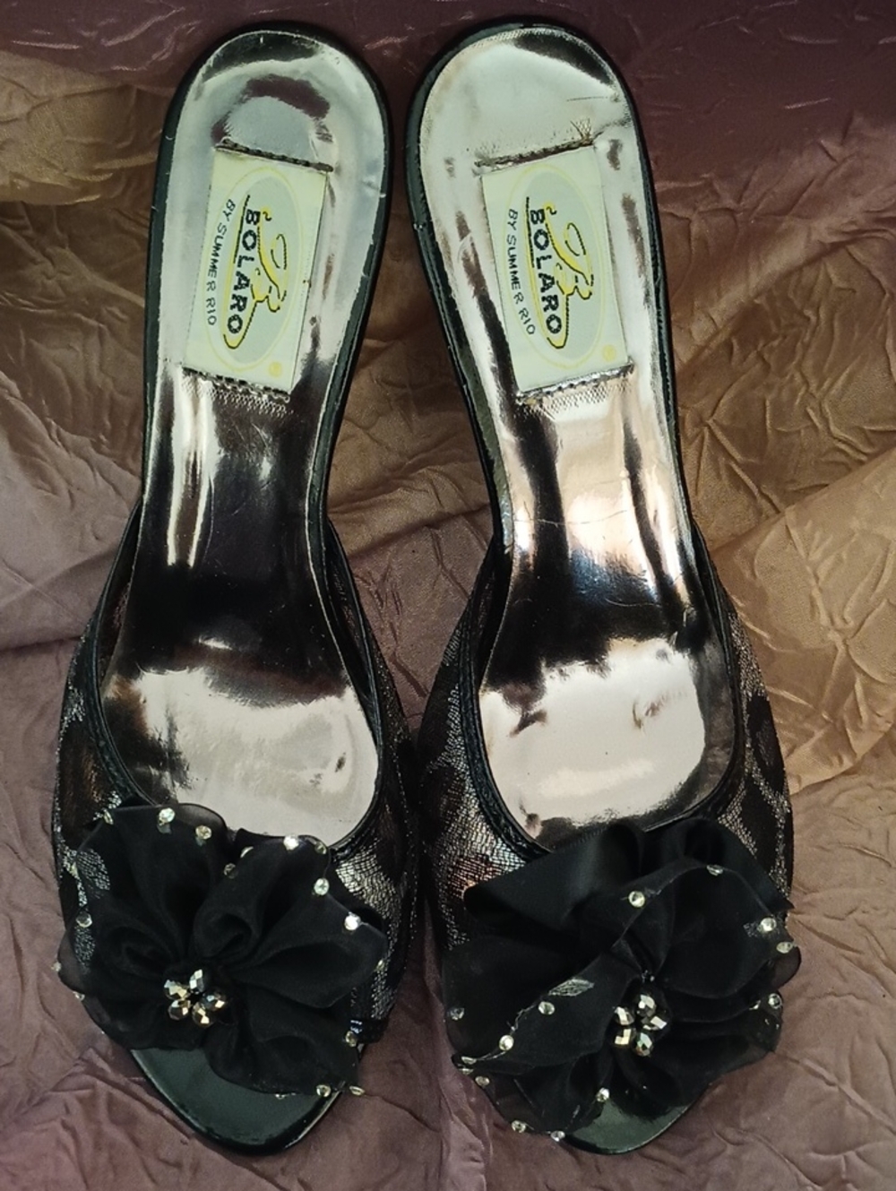 Black Floral-Embellished Women's Wedge Mules